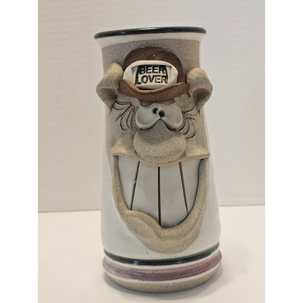Vtg 80s Mahon Stoneware Ugly Face Beer Stein Mug 3D BEER LOVER 38fl oz signed